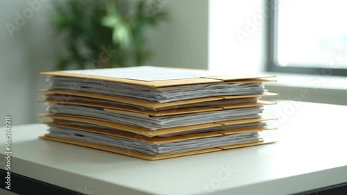 Stack of Documents and Files in Office Workplace Still Life