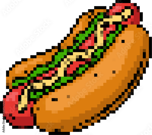 Pixel art hot dog isolated on white background. Vector illustration