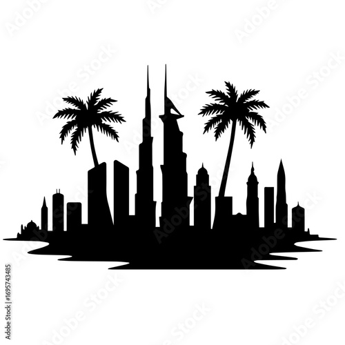 dubai skyline with palm trees, palm, tree, sunset, beach, tropical, silhouette, summer, vector, sun, nature, sky, illustration, island, sea, landscape, travel, ocean, sunrise, palms, coconut, paradise