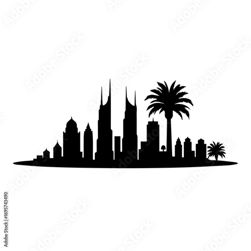 dubai skyline with palm trees, palm, tree, sunset, beach, tropical, silhouette, summer, vector, sun, nature, sky, illustration, island, sea, landscape, travel, ocean, sunrise, palms, coconut, paradise