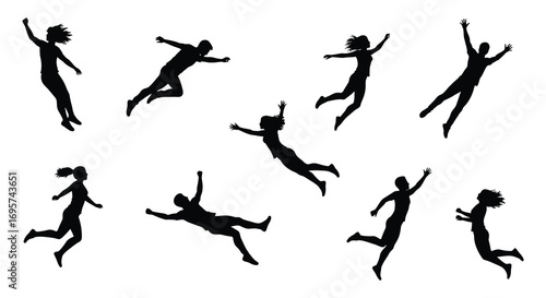 people jumping in various dynamic poses silhouette