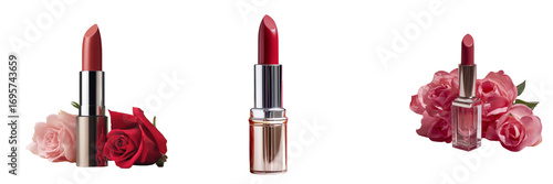 Set of Makeup brushes and cosmetics displayed flat lay on a white background, soft lighting, real photo on transparent png background. Ai generated