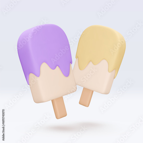 White vanilla Ice cream with purple and yellow glaze, icon, 3d render. Design elements. Realistic Sweet fast food icon. Vector illustration isolated on white for menu, shop, flyer, banner, web, adv