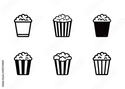 Set of popcorn bucket icons in black and white styles, representing food and cinema.