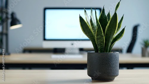 Showing Plant in Pot on Desk Near Computer for Interior Workspace Decor