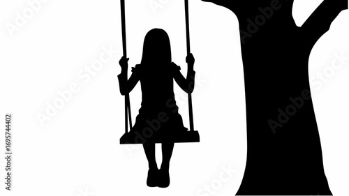 Silhouette of a girl on a swing hanging from a tree branch against a white background in a simple design