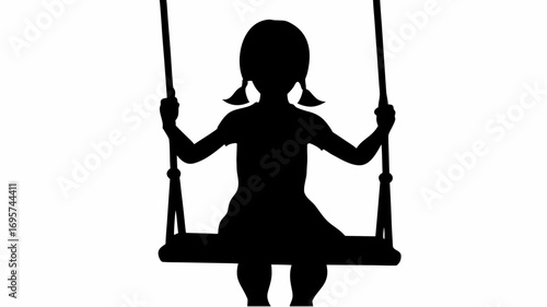 Silhouette of a girl with pigtails sitting on a swing with ropes hanging down in a simple black design