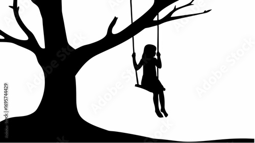 Silhouette of a girl on a swing hanging from a tree branch in a black and white vector illustration