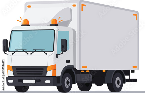 a white delivery truck with orange lights and black wheels