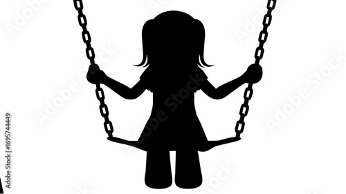 Silhouette illustration of a girl with dress on a swing hanging from chains in a white background scene