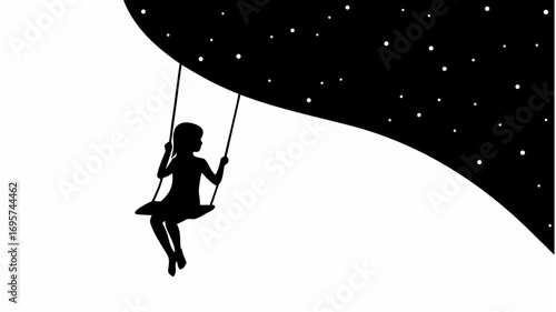 Silhouette of a girl on a swing under a starry night sky creating a dreamy and whimsical illustration