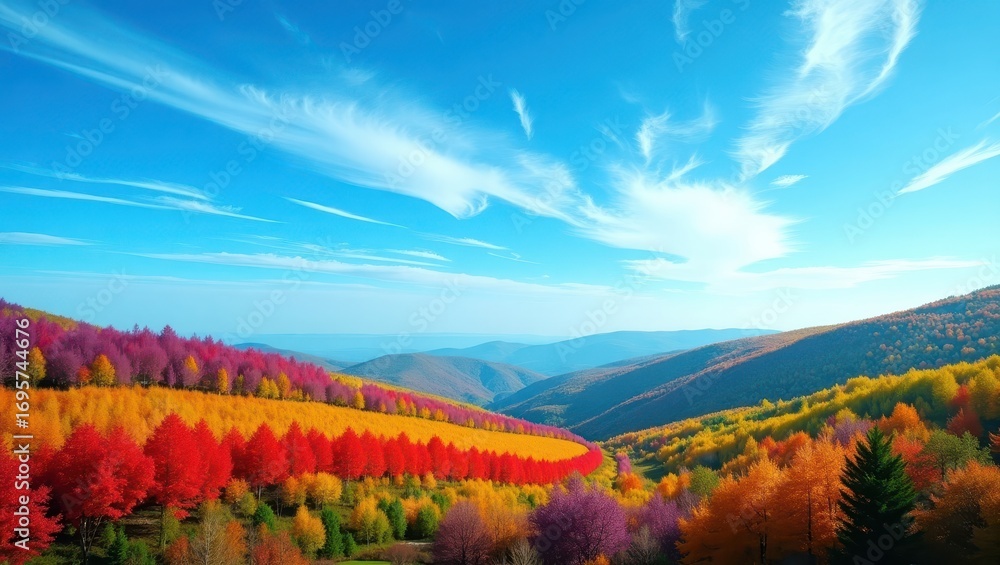 Obraz premium A breathtaking autumn vista reveals vibrant hues of fall foliage cascading down a mountainside, bathed in brilliant sunlight under a vast, cloud-filled azure sky.