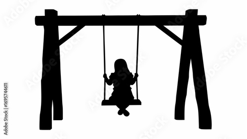 Silhouette of a girl sitting on a swing hanging from a wooden frame structure against a white background