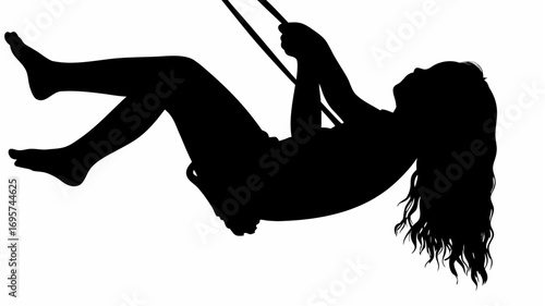 Silhouette of a woman with long hair swinging upside down on a swing against a white background scene view