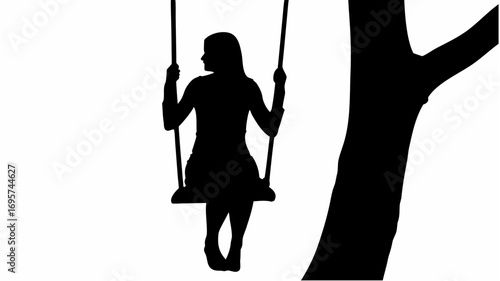 Silhouette of a woman on a swing hanging from a tree branch in a black and white vector illustration