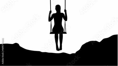 Silhouette of a person on a swing with ropes above a dark landscape against a white background scene view