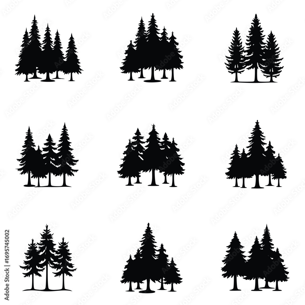 Fototapeta premium Collection of nine black silhouettes of forest tree groups