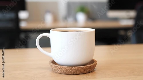 Hot Coffee Cup Steaming on Wooden Desk in Office Setting Relaxing Morning