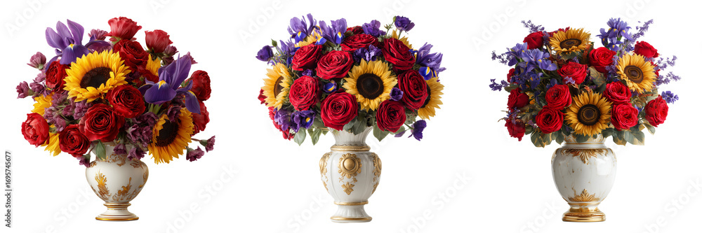 Obraz premium Set of Mixed floral arrangement of roses, daisies, and sunflowers on transparent png background. Ai generated
