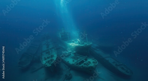 Wallpaper Mural Several shipwrecks lie submerged in the deep blue sea, illuminated by a shaft of light. Torontodigital.ca