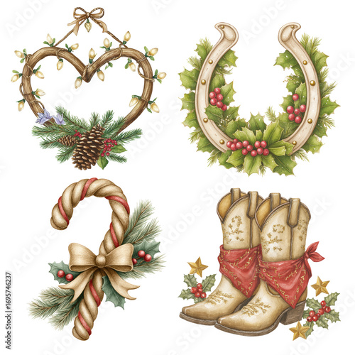 Rustic Christmas wreath heart garland pinecone holly berry horseshoe candy cane cowboy boots festive ribbon