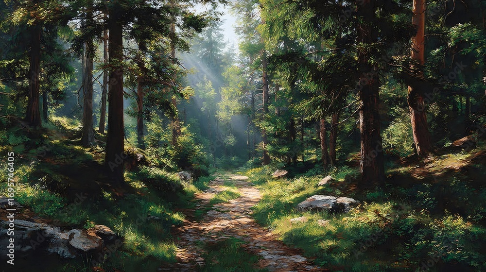 Obraz premium Sunbeams filtering through trees on forest path
