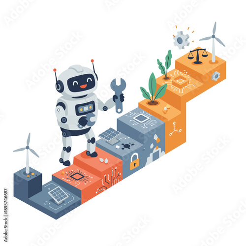 Friendly AI Robot Championing Sustainable Technology Progress Vector Illustration