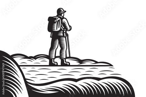 Monochrome Silhouette Hiker With Backpack on Hilltop Enjoying Scenic View