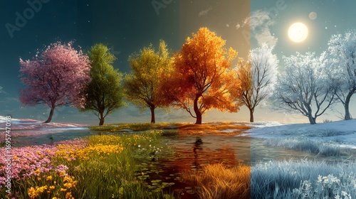 Four seasons changing landscape with blooming trees and flowers