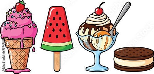 Cute Ice Cream Treats Set: Cone, Popsicle, Sundae, Sandwich illustration