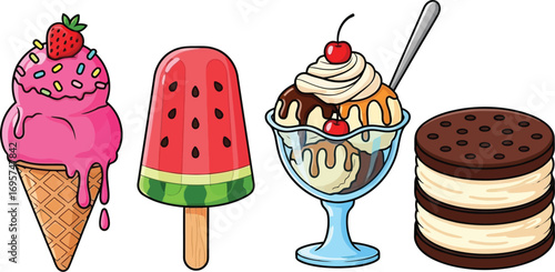 Cute Ice Cream Treats Set: Cone, Popsicle, Sundae, Sandwich illustration