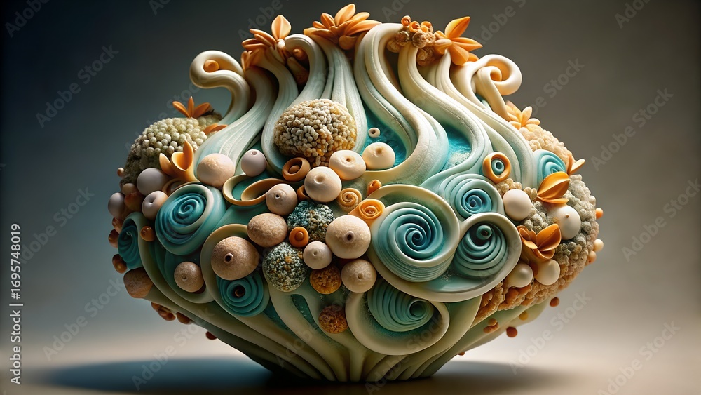Naklejka premium A whimsical sculpture with swirls, spheres, and floral accents on a neutral background surface