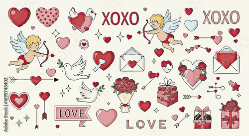 Sweet and Playful Valentine's Day Element Collection with Hearts, Cupid, Love Letters, and Romantic Gestures for Festive Occasion Designs