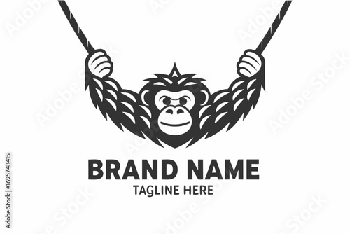 of Cartoon Monkey Swinging on Ropes, on White Background