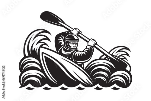 of an Asian man kayaking on waves with a helmet on white background