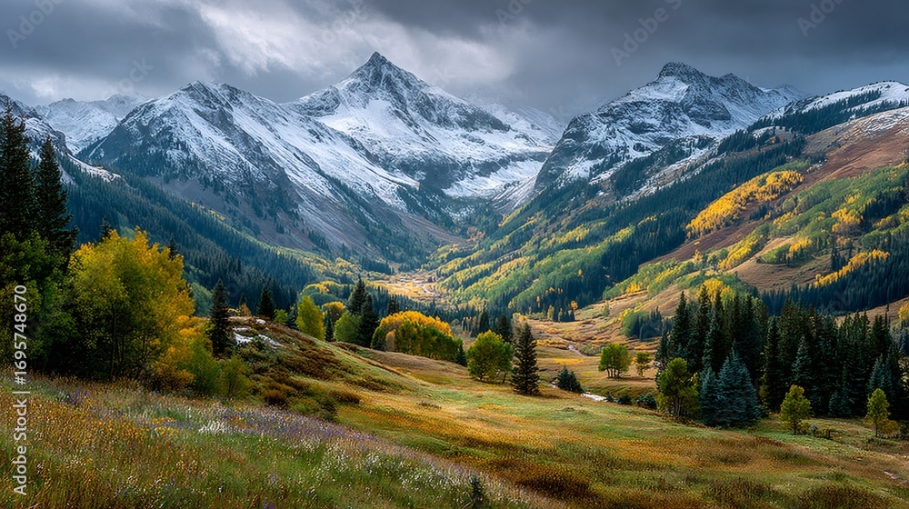 Obraz premium Dramatic clouds emerging over snow capped peaks and autumn foliage in colorado valley