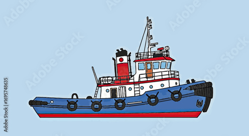 A blue and red tugboat illustration on a light blue background