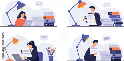 office workers engaged in various tasks at desks