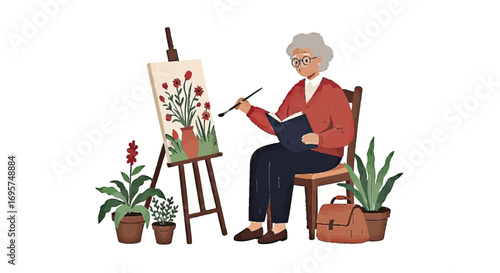 Elderly woman painting flowers on canvas with oil paints, enjoying her hobby and leisure time in a peaceful setting