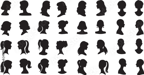 female, silhouette, head, profile, woman, girl, hairstyle, hair, portrait, bun, ponytail, short hair, long hair, elegant, fashion, beauty, diverse, collection, set, icons, faces, women, ladies, styles