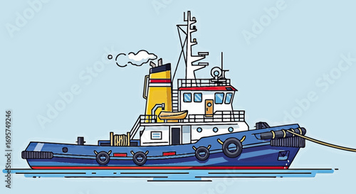 Vector illustration of a blue harbor tugboat sailing on the water with a tow rope attached for maritime transportation and assistance