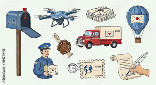 Postal Delivery System Mailbox, Drone, Truck, and Hot Air Balloon for Sending Messages
