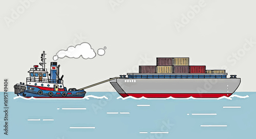 Tugboat Towing Container Ship Maritime Illustration of Transportation and Logistics