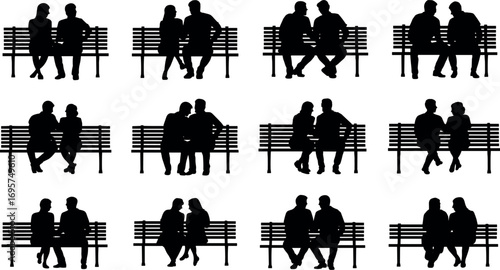 Silhouettes of couples sitting on park benches enjoying each other's company outdoors