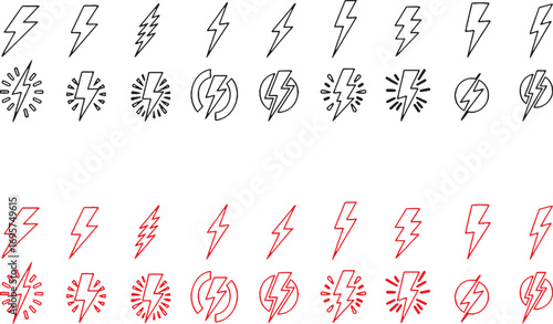 lightning, bolt, energy, power, icon, symbol, electricity, flash, strike, graphic, design, illustration, black, red, white, background, abstract, dynamic, fast, strong, collection, set, isolated, whit