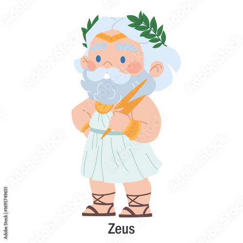 Ancient Greek god Zeus. Character of the Olympic god of thunder and lightning. Deity with lightning. Cartoon character of classical mythology and pagan religion