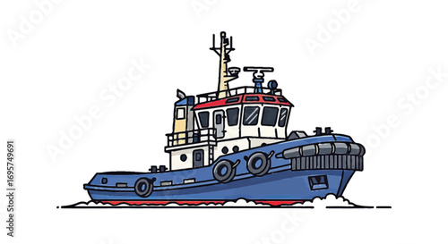 Vector illustration of a blue harbor tugboat. Simple marine towboat graphic for shipping and transport industry isolated on white background