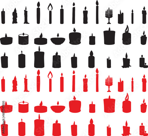 candle, silhouette, black, red, flame, burning, light, wax, wick, candlestick, candelabra, memorial, celebration, decoration, abstract, design element, icon, set, collection, various shapes, different