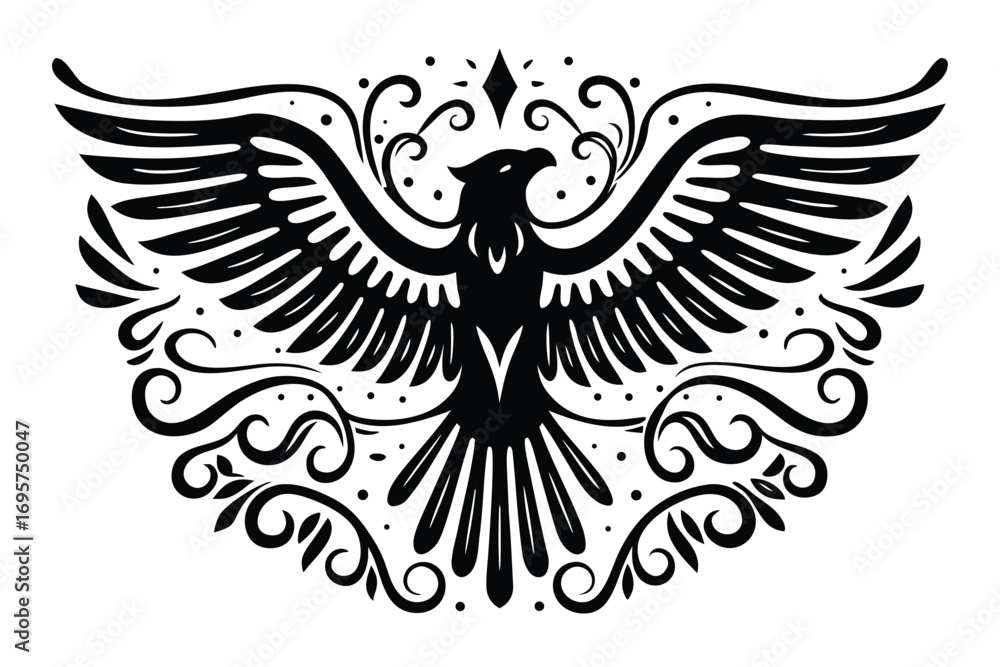 Fototapeta premium Ornamental Eagle with Floral Elements, Decorative Design on White Background