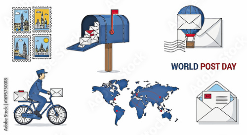 Celebrate World Post Day Stamps, Mailbox, Map & Postman Illustration